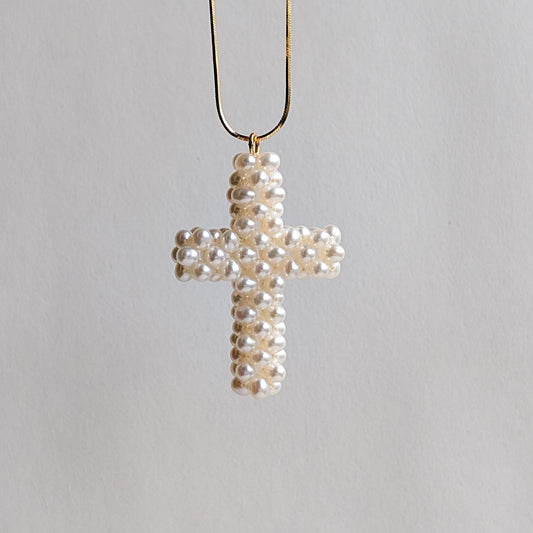 Woven Pearl Cross Pendant